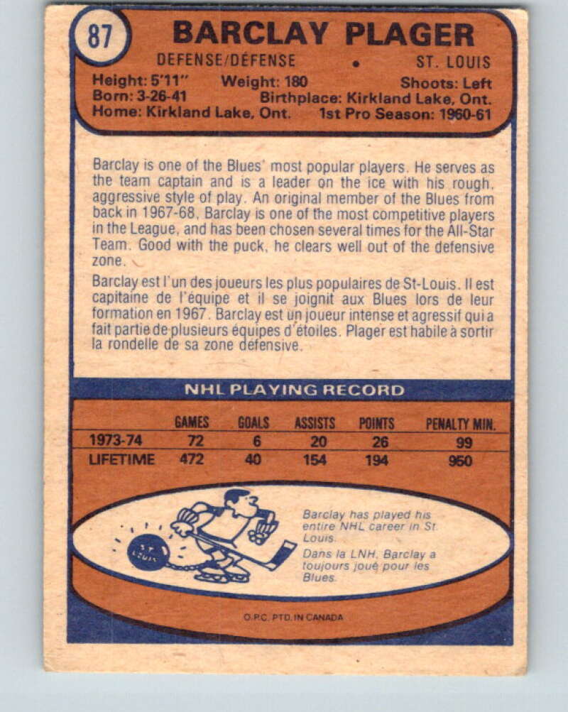 1974-75 O-Pee-Chee #87 Barclay Plager St. Louis Blues V4400
