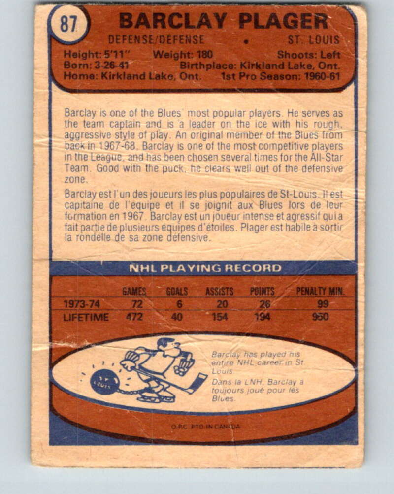 1974-75 O-Pee-Chee #87 Barclay Plager St. Louis Blues V4401
