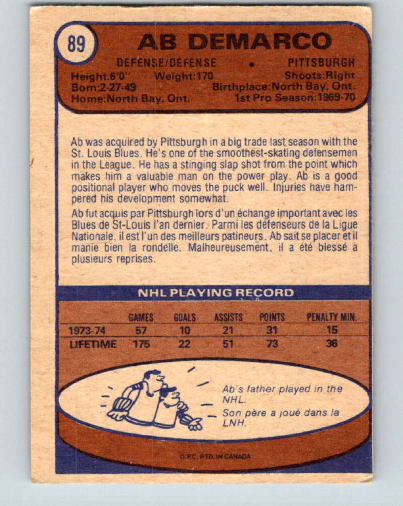 1974-75 O-Pee-Chee #89 Ab DeMarco Pittsburgh Penguins V4402