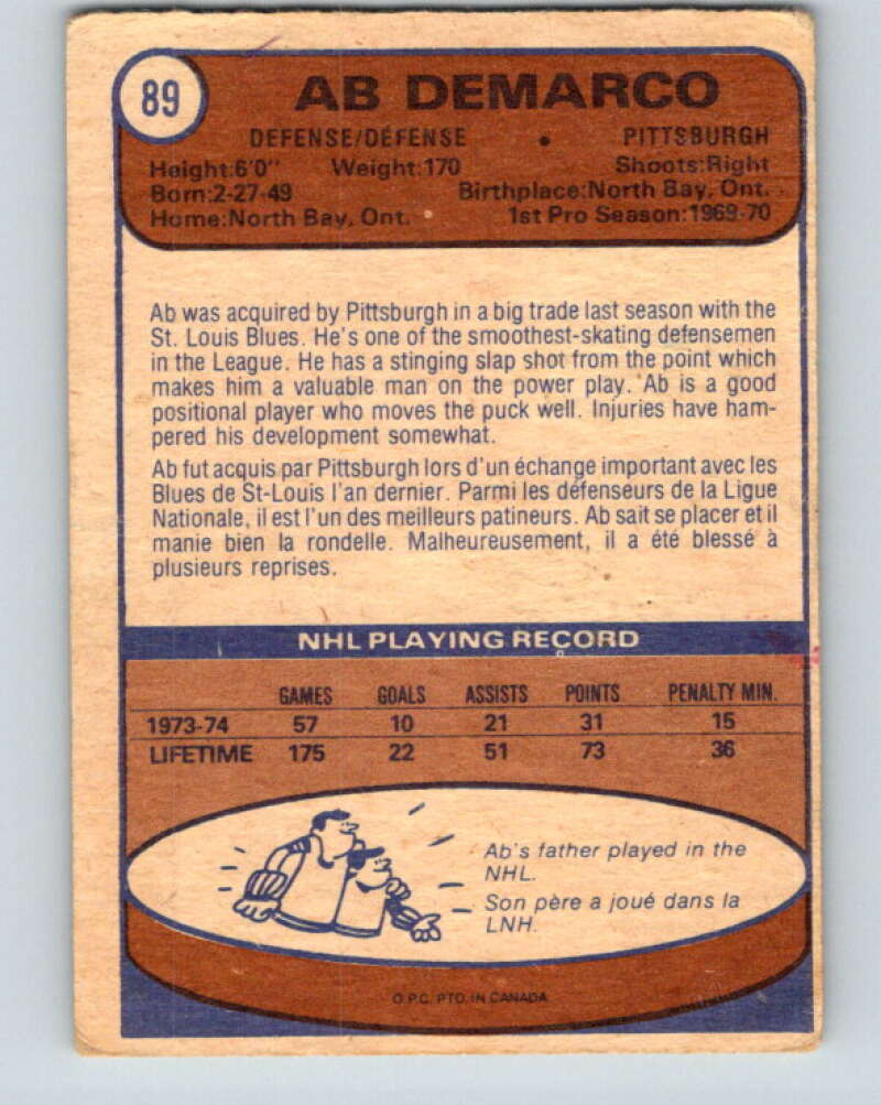1974-75 O-Pee-Chee #89 Ab DeMarco Pittsburgh Penguins V4403