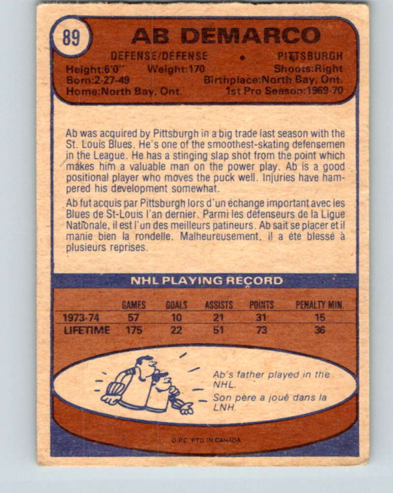 1974-75 O-Pee-Chee #89 Ab DeMarco Pittsburgh Penguins V4404