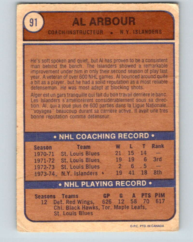 1974-75 O-Pee-Chee #91 Al Arbour CO New York Islanders V4405