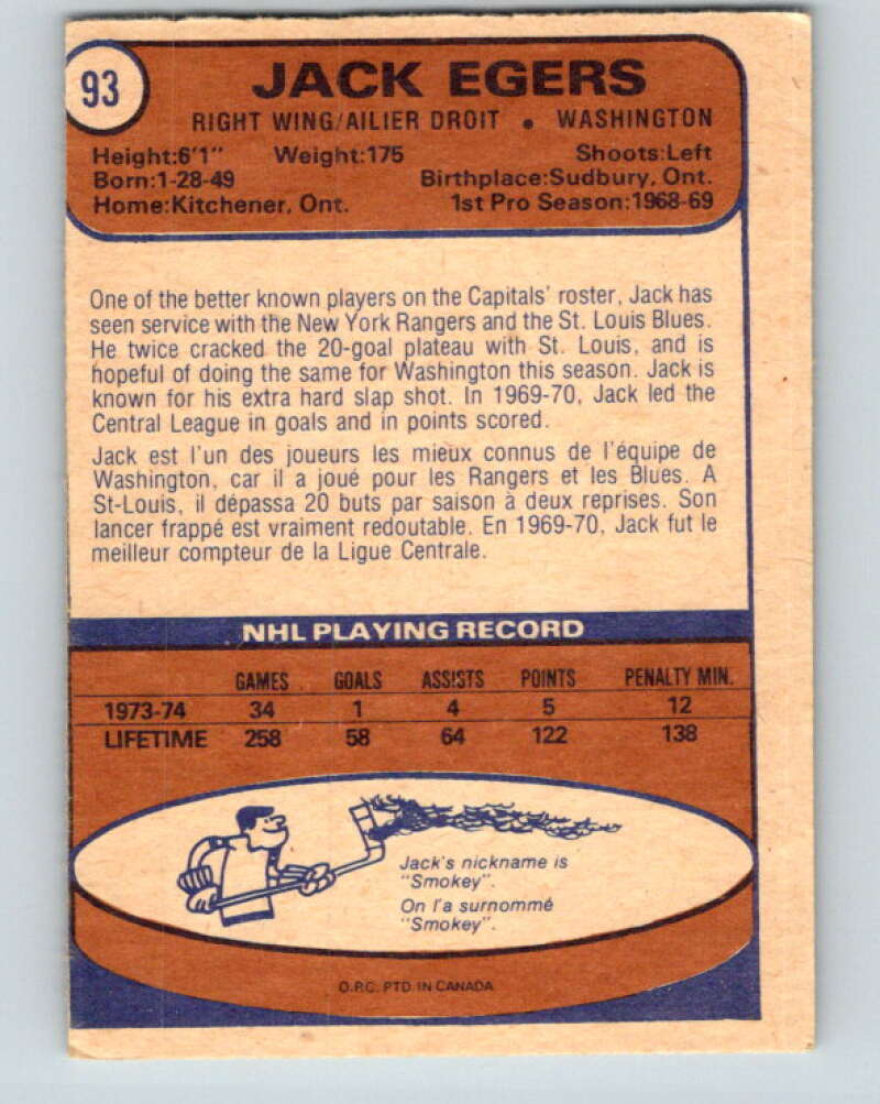 1974-75 O-Pee-Chee #93 Jack Egers V4408