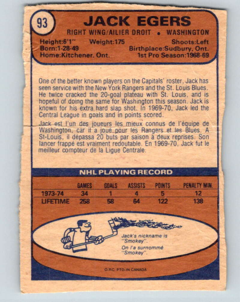 1974-75 O-Pee-Chee #93 Jack Egers V4409
