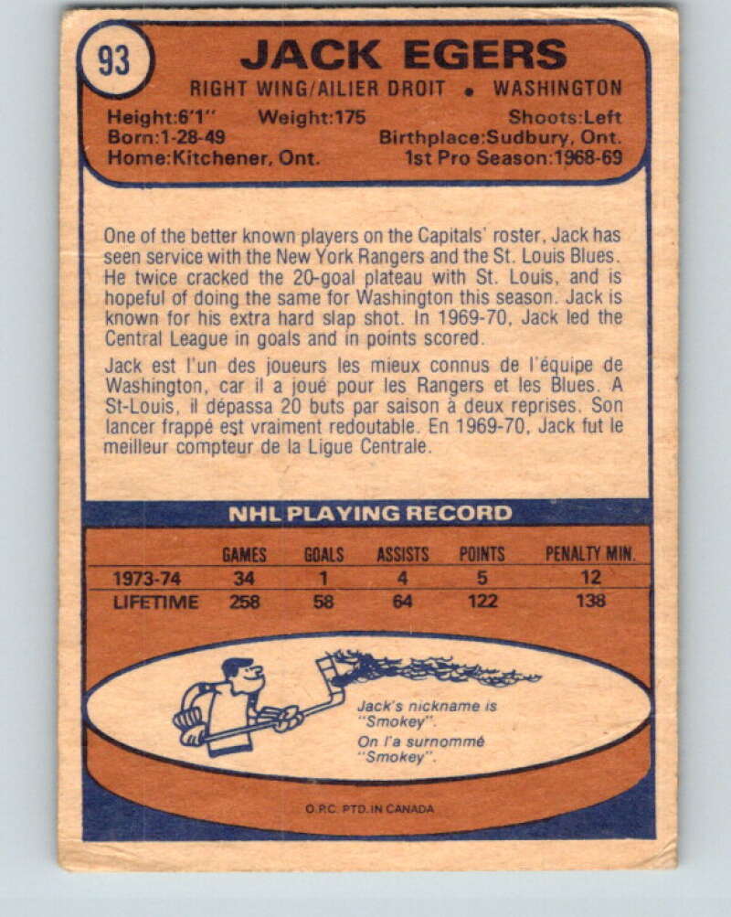 1974-75 O-Pee-Chee #93 Jack Egers V4410