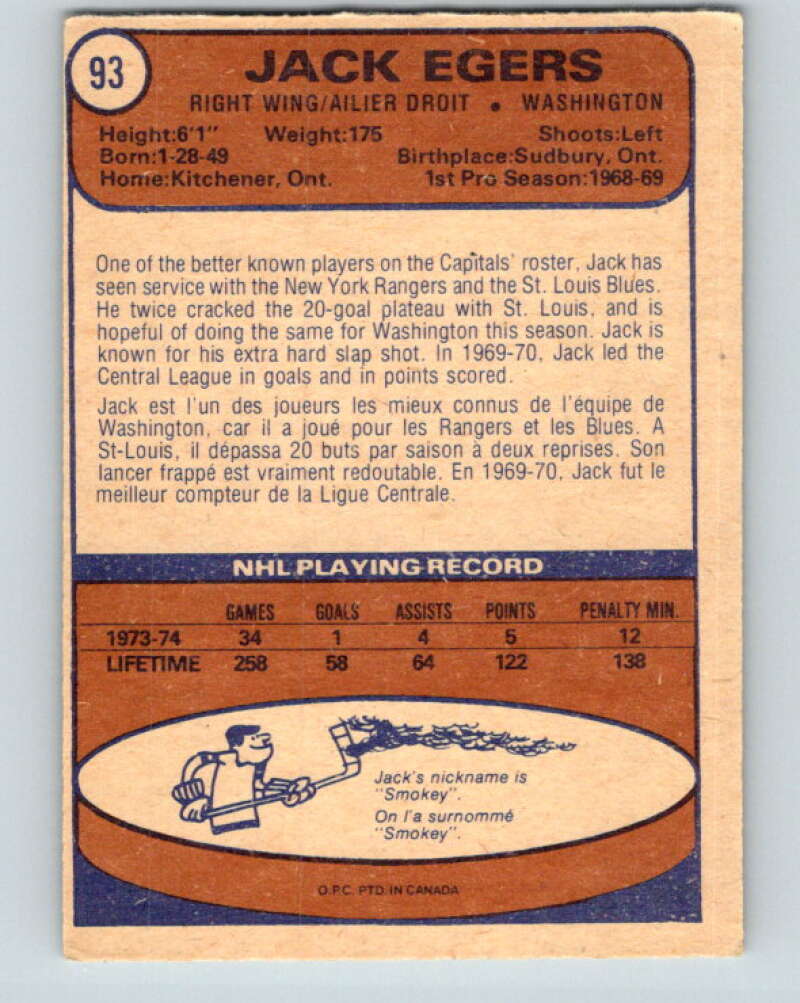 1974-75 O-Pee-Chee #93 Jack Egers V4411