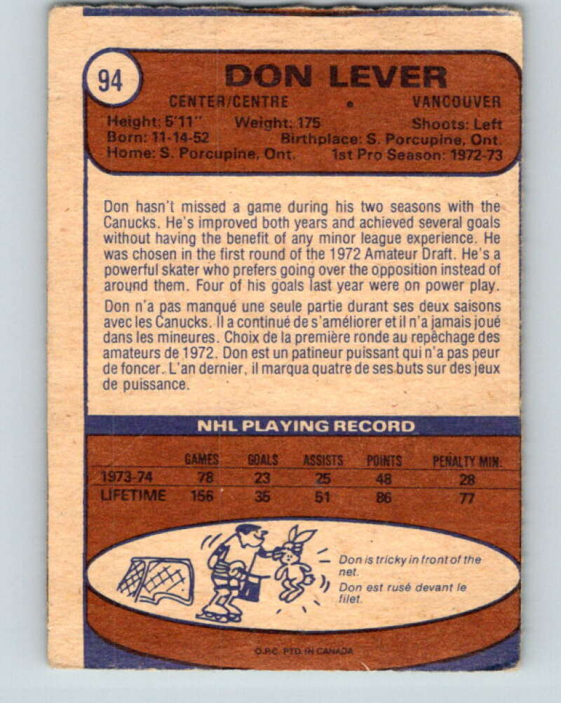 1974-75 O-Pee-Chee #94 Don Lever Vancouver Canucks V4412