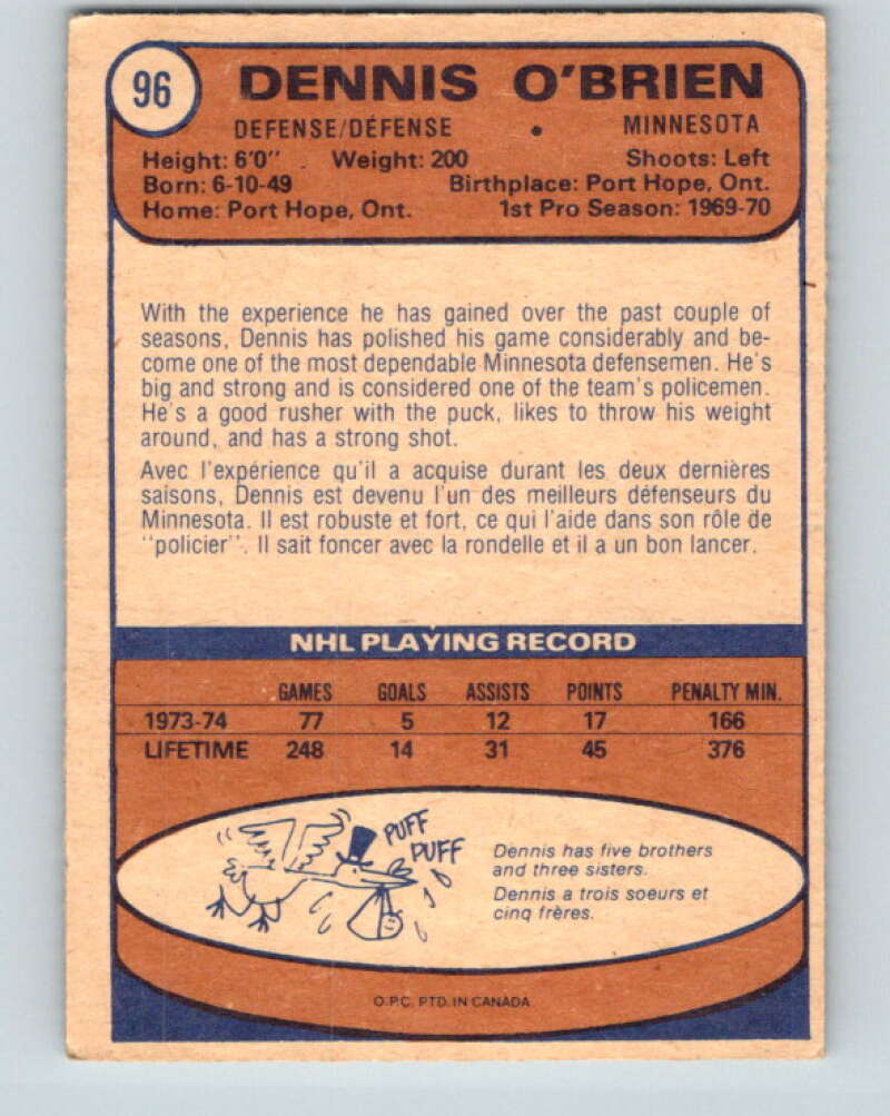 1974-75 O-Pee-Chee #96 Dennis O'Brien Minnesota North Stars V4414