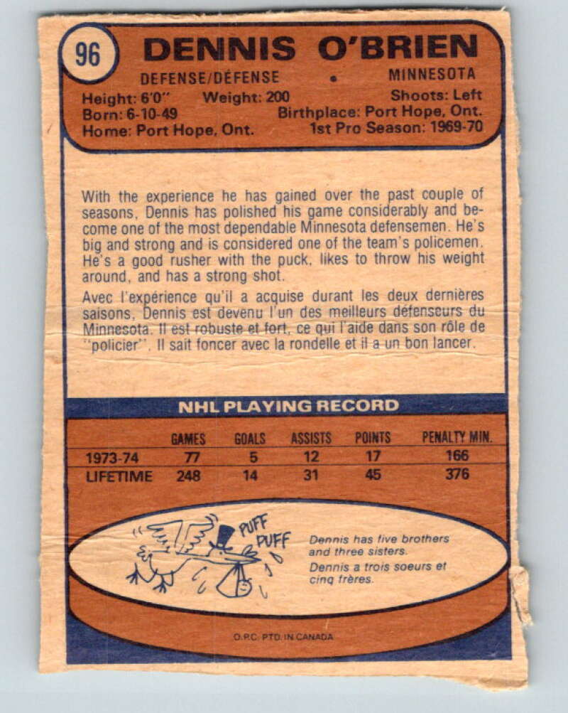 1974-75 O-Pee-Chee #96 Dennis O'Brien Minnesota North Stars V4415