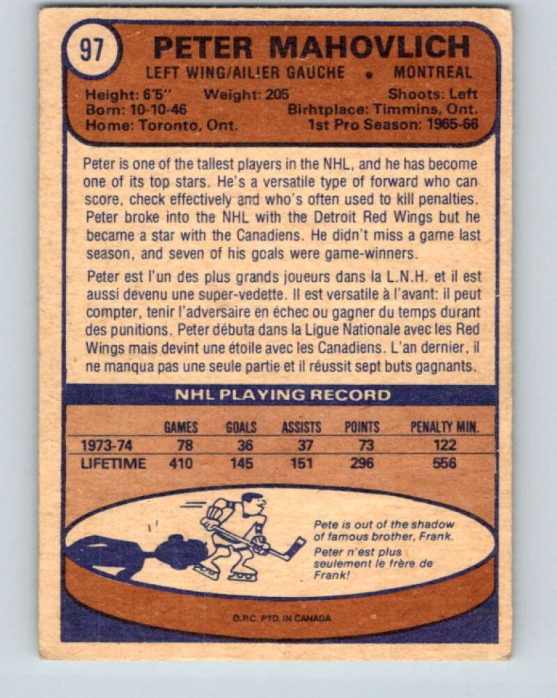 1974-75 O-Pee-Chee #97 Pete Mahovlich Montreal Canadiens V4419