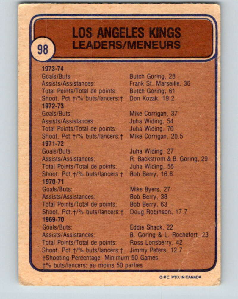 1974-75 O-Pee-Chee #98 Kozak/Goring/Marseille TL Kings V4423