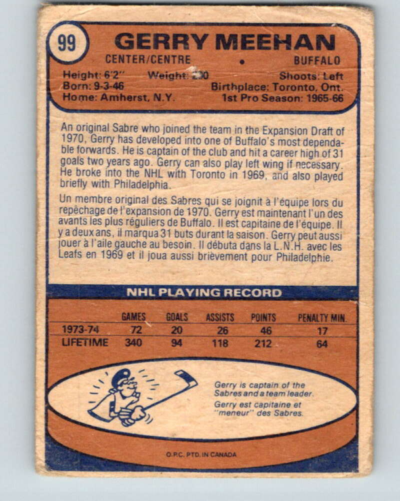 1974-75 O-Pee-Chee #99 Gerry Meehan Buffalo Sabres V4424