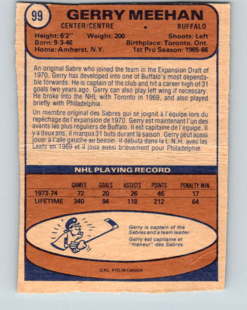 1974-75 O-Pee-Chee #99 Gerry Meehan Buffalo Sabres V4425