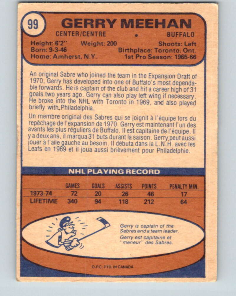 1974-75 O-Pee-Chee #99 Gerry Meehan Buffalo Sabres V4428