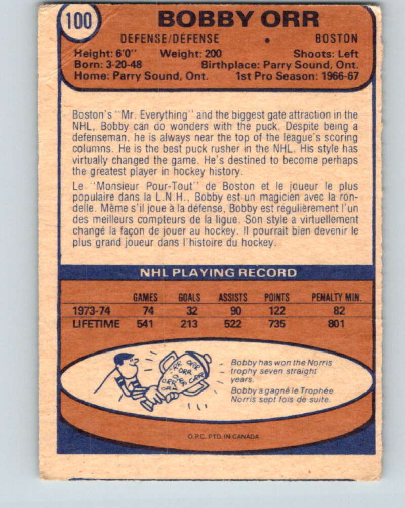 1974-75 O-Pee-Chee #100 Bobby Orr Boston Bruins V4430