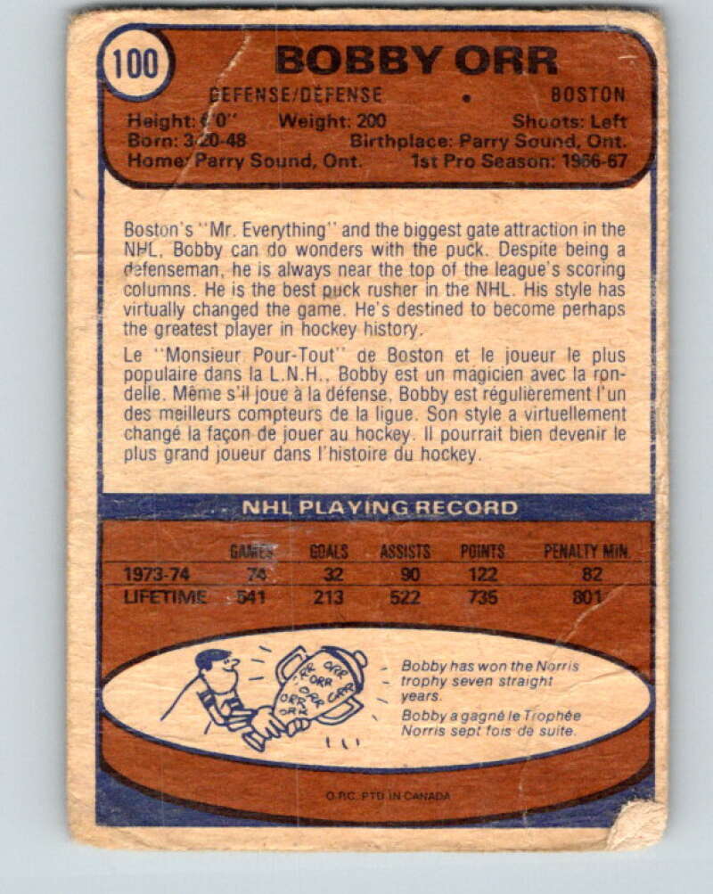 1974-75 O-Pee-Chee #100 Bobby Orr Boston Bruins V4433