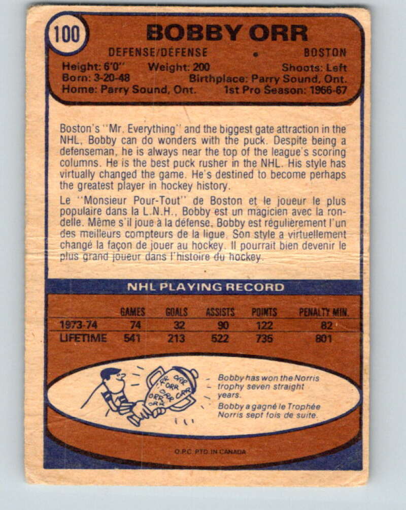 1974-75 O-Pee-Chee #100 Bobby Orr Boston Bruins V4434