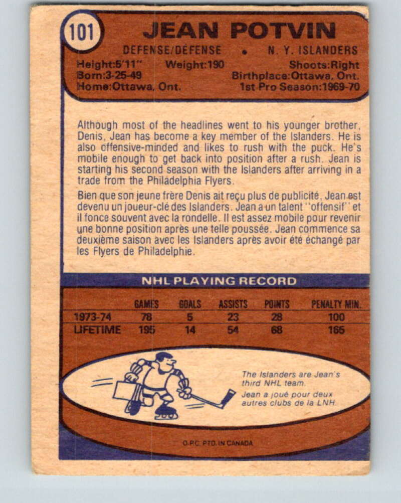 1974-75 O-Pee-Chee #101 Jean Potvin RC Rookie New York Islanders V4436
