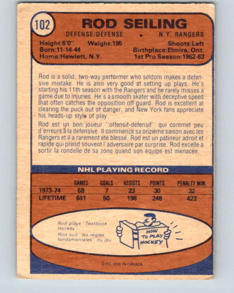 1974-75 O-Pee-Chee #102 Rod Seiling New York Rangers V4438