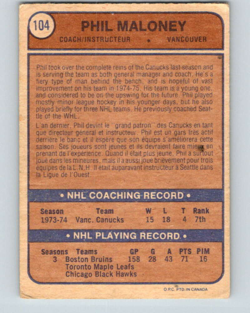 1974-75 O-Pee-Chee #104 Phil Maloney CO RC Rookie Canucks V4439