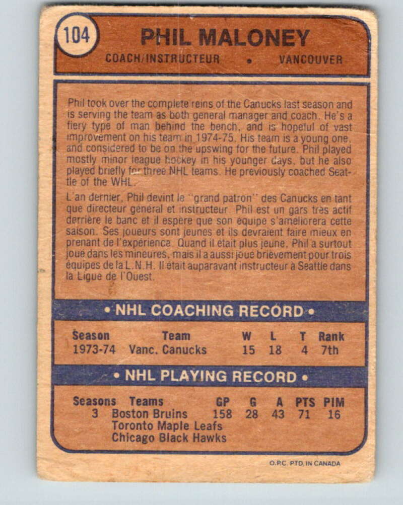 1974-75 O-Pee-Chee #104 Phil Maloney CO RC Rookie Canucks V4440