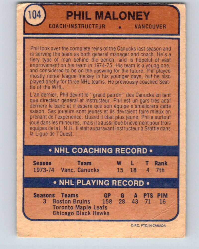 1974-75 O-Pee-Chee #104 Phil Maloney CO RC Rookie Canucks V4443
