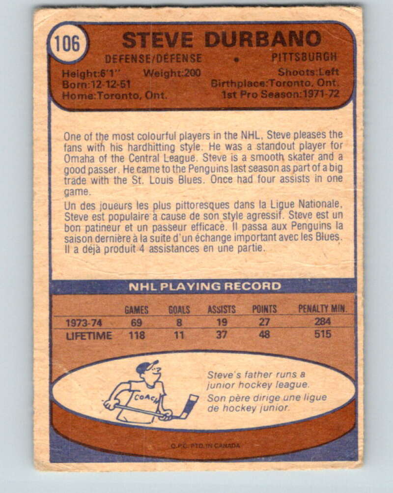 1974-75 O-Pee-Chee #106 Steve Durbano Pittsburgh Penguins V4453
