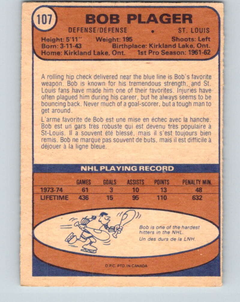 1974-75 O-Pee-Chee #107 Bob Plager UER St. Louis Blues V4457