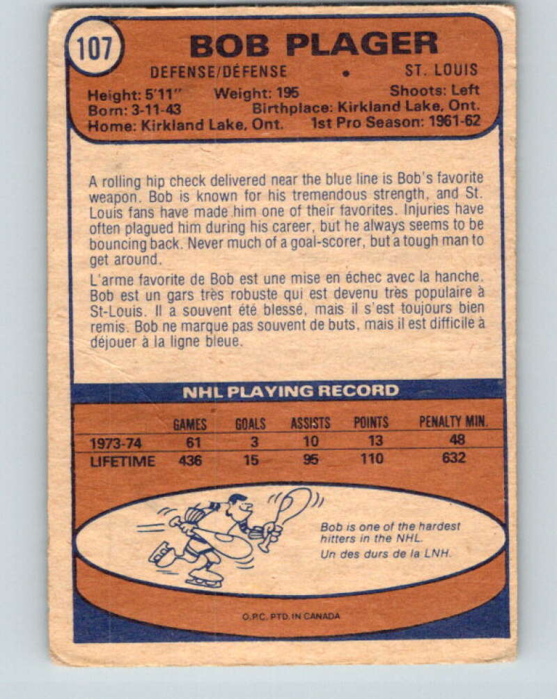 1974-75 O-Pee-Chee #107 Bob Plager UER St. Louis Blues V4458