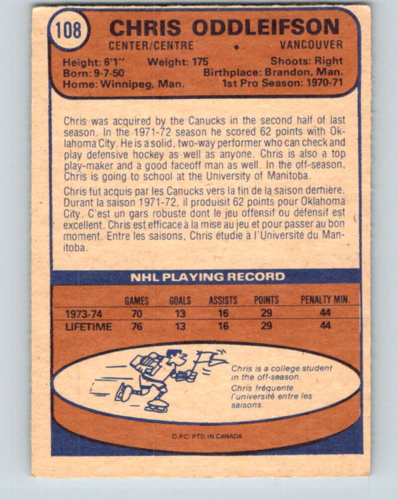 1974-75 O-Pee-Chee #108 Chris Oddleifson RC Rookie Vancouver Canucks V4459