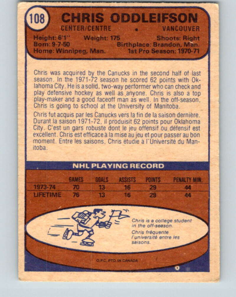 1974-75 O-Pee-Chee #108 Chris Oddleifson RC Rookie Vancouver Canucks V4460