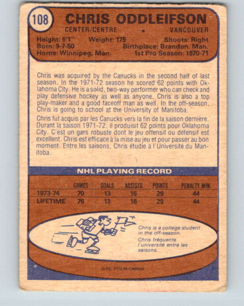 1974-75 O-Pee-Chee #108 Chris Oddleifson RC Rookie Vancouver Canucks V4461