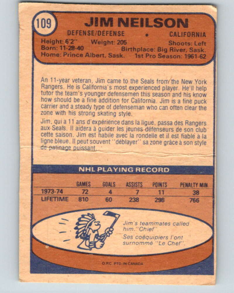 1974-75 O-Pee-Chee #109 Jim Neilson California Golden Seals V4462