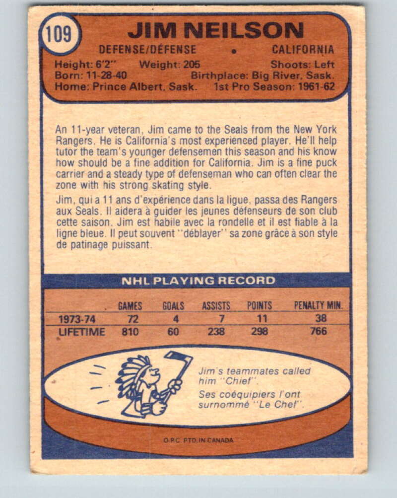 1974-75 O-Pee-Chee #109 Jim Neilson California Golden Seals V4463