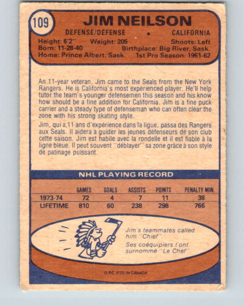 1974-75 O-Pee-Chee #109 Jim Neilson California Golden Seals V4464