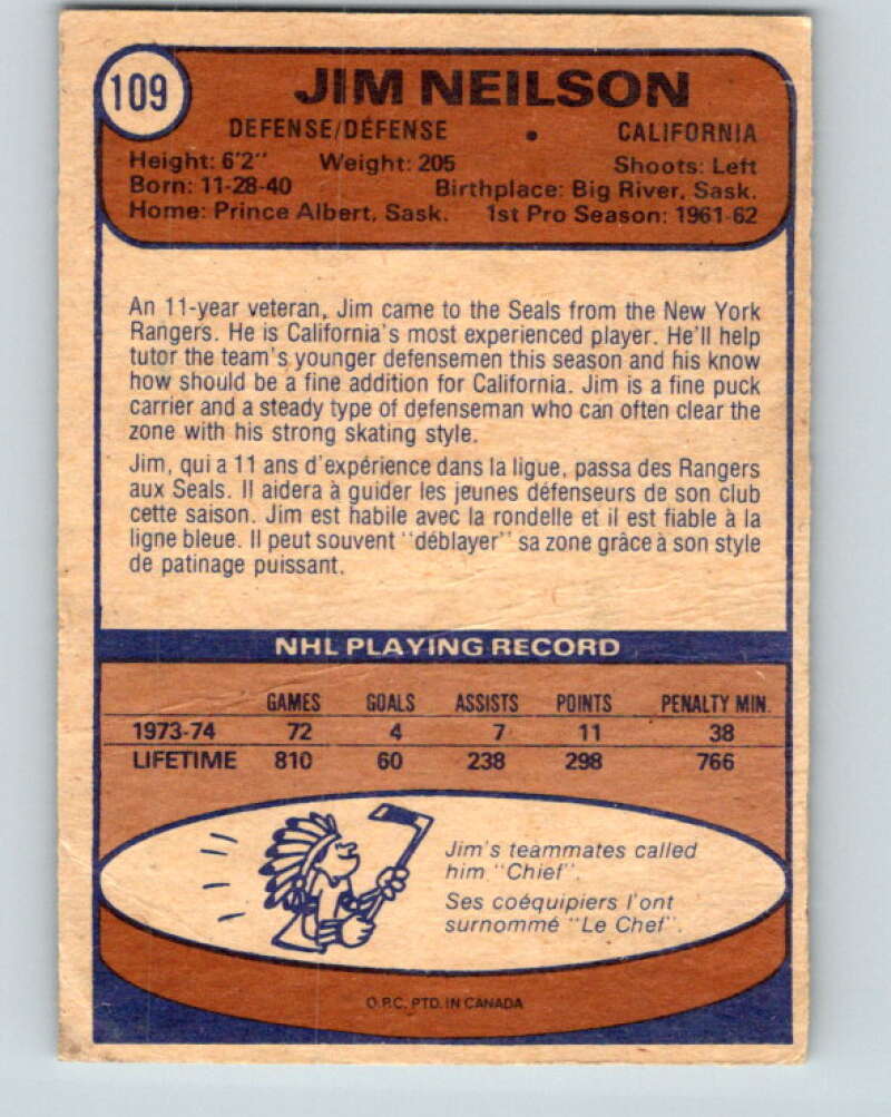 1974-75 O-Pee-Chee #109 Jim Neilson California Golden Seals V4466