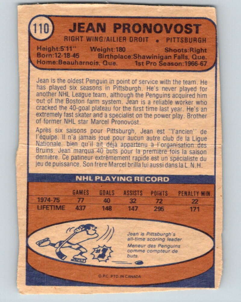 1974-75 O-Pee-Chee #110 Jean Pronovost Pittsburgh Penguins V4467
