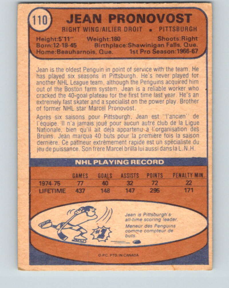 1974-75 O-Pee-Chee #110 Jean Pronovost Pittsburgh Penguins V4471