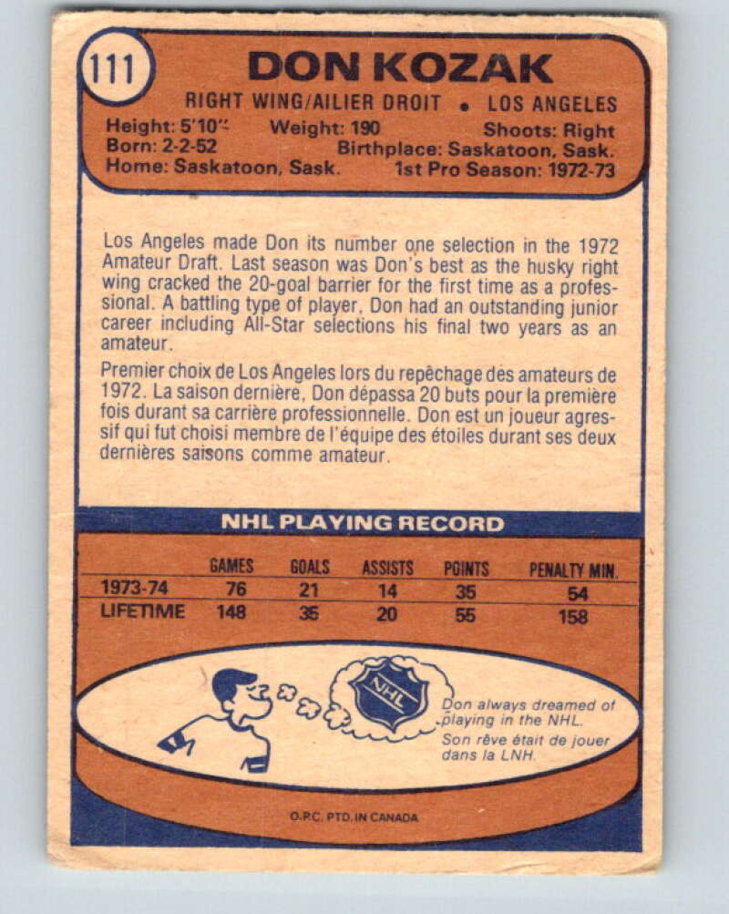 1974-75 O-Pee-Chee #111 Don Kozak RC Rookie Los Angeles Kings V4473