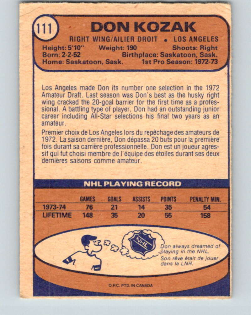 1974-75 O-Pee-Chee #111 Don Kozak RC Rookie Los Angeles Kings V4474