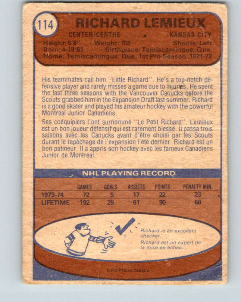 1974-75 O-Pee-Chee #114 Richard Lemieux Kansas City Scouts V4481