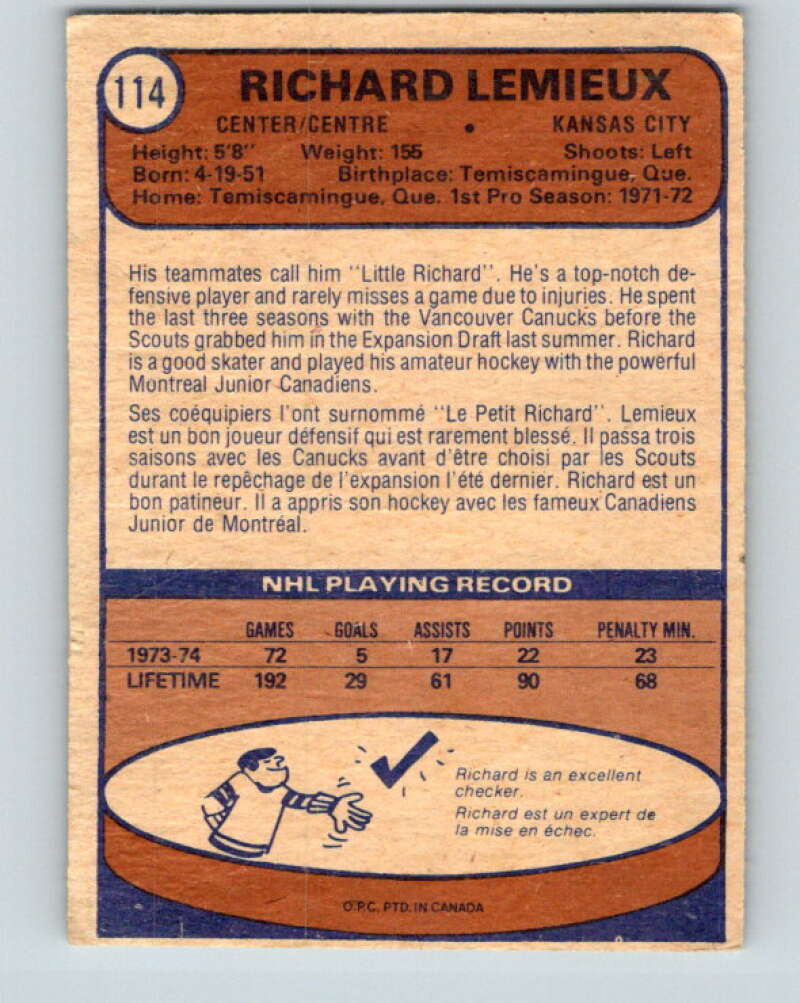 1974-75 O-Pee-Chee #114 Richard Lemieux Kansas City Scouts V4482