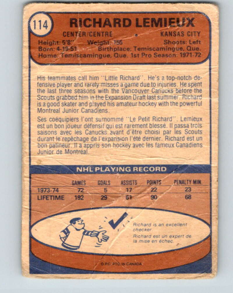 1974-75 O-Pee-Chee #114 Richard Lemieux Kansas City Scouts V4483