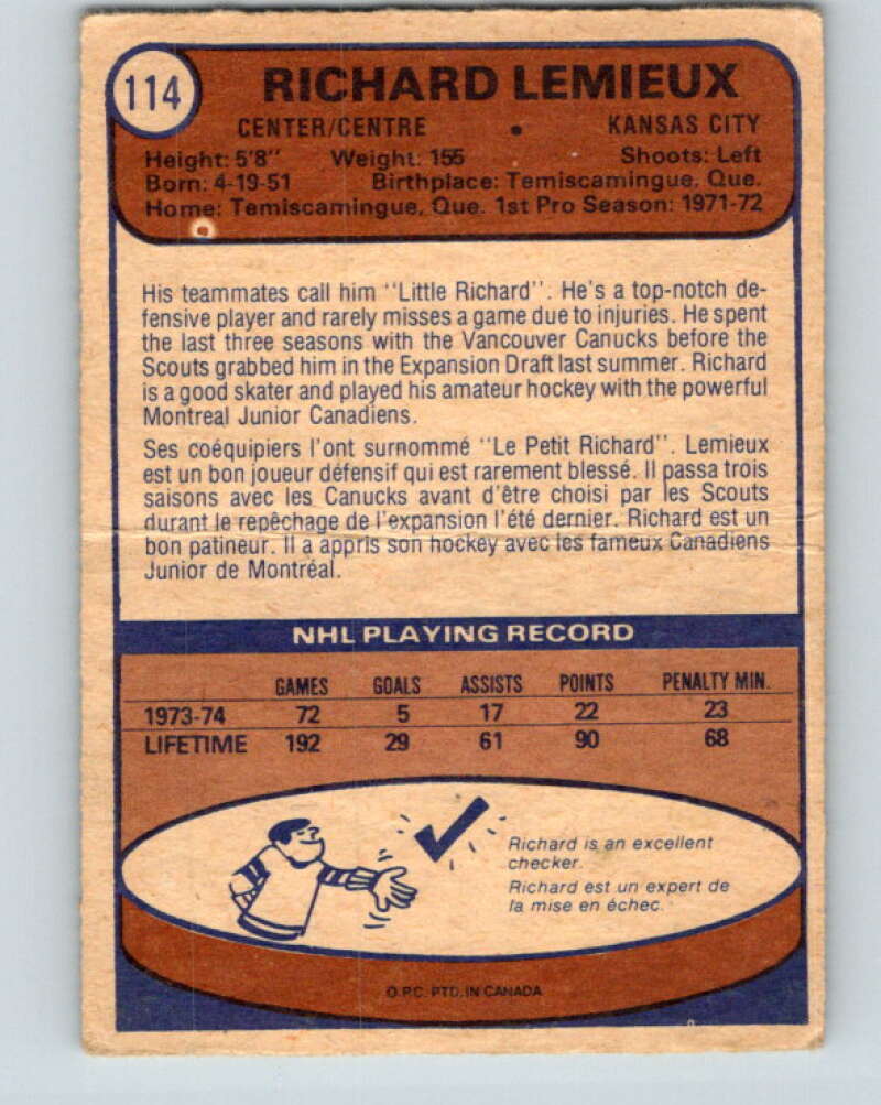 1974-75 O-Pee-Chee #114 Richard Lemieux Kansas City Scouts V4484