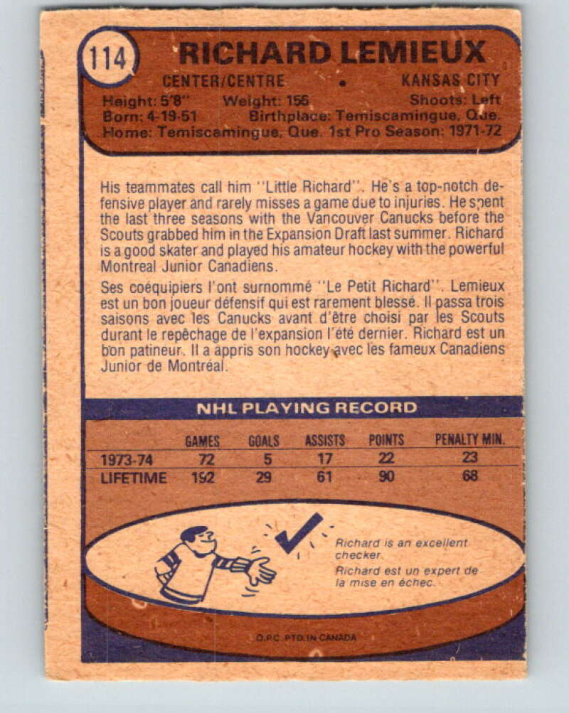 1974-75 O-Pee-Chee #114 Richard Lemieux Kansas City Scouts V4485