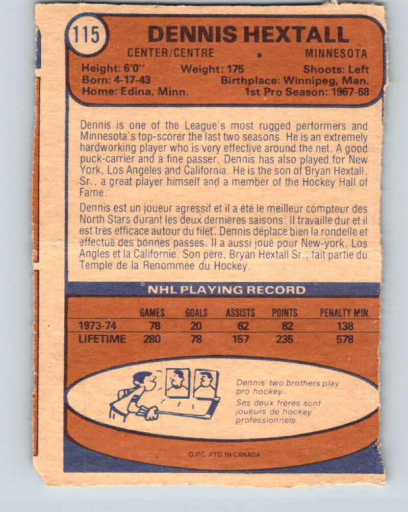 1974-75 O-Pee-Chee #115 Dennis Hextall Minnesota North Stars V4486