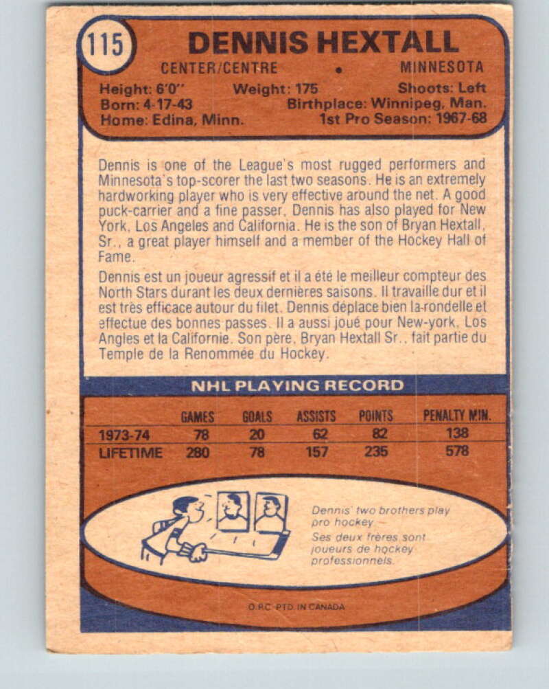 1974-75 O-Pee-Chee #115 Dennis Hextall Minnesota North Stars V4487