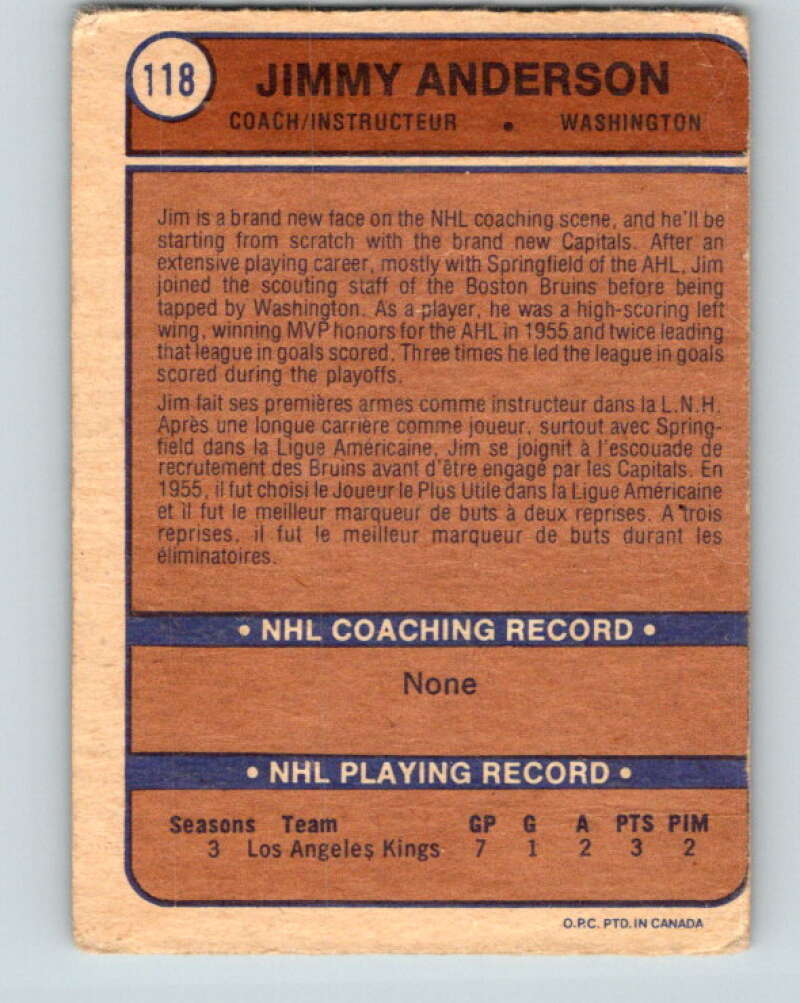 1974-75 O-Pee-Chee #118 Jim Anderson CO RC Rookie Washington Capitals V4490