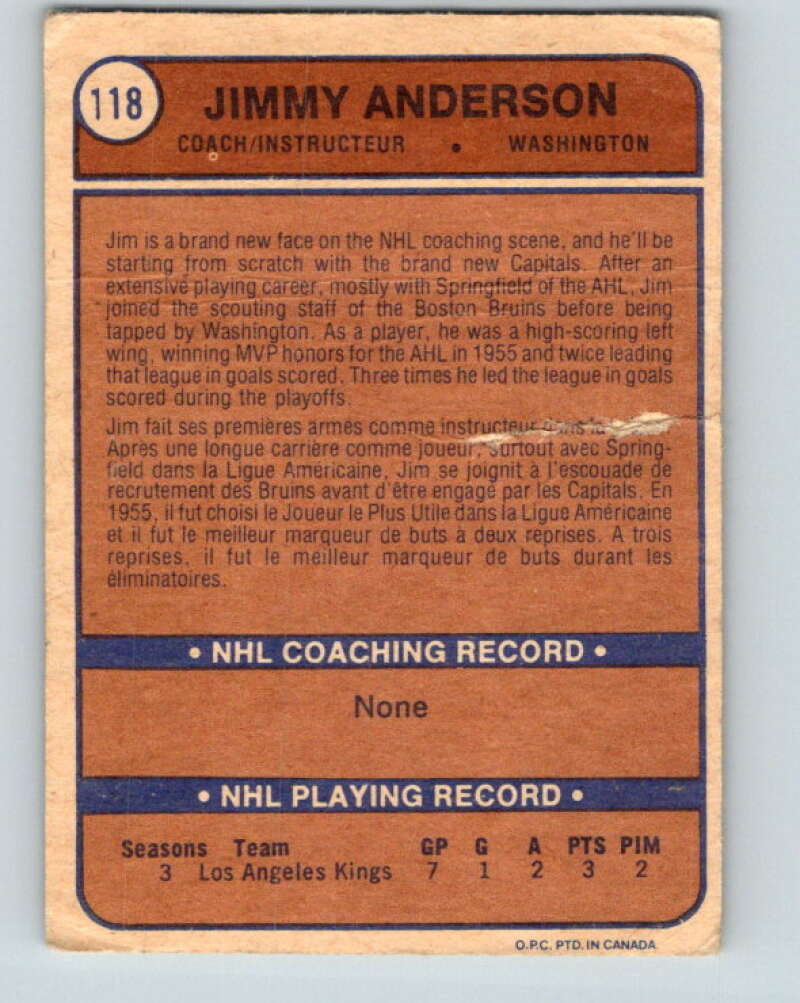 1974-75 O-Pee-Chee #118 Jim Anderson CO RC Rookie Washington Capitals V4491