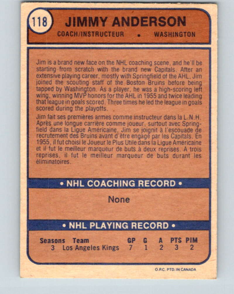 1974-75 O-Pee-Chee #118 Jim Anderson CO RC Rookie Washington Capitals V4492